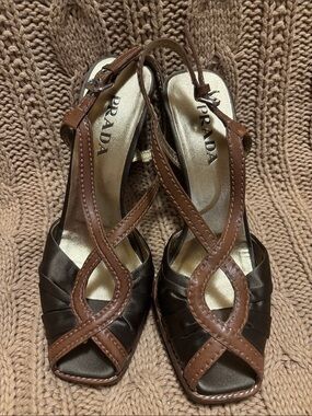 Prada Brown Leather and Dark Brown Satin Crisscross Slingbacks